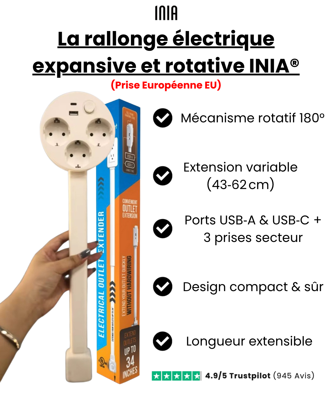 INIA® - La rallonge électrique expansive et rotative (PRISE EU)